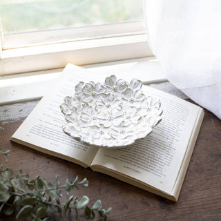 Mae Embossed Floral Jewelry Trinket Dish White Cast Iron